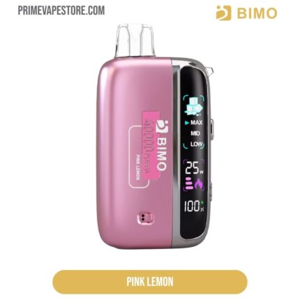 Pink BIMO vape device shown in profile with a digital display on the side; bottom label reads 'Pink Lemon'.