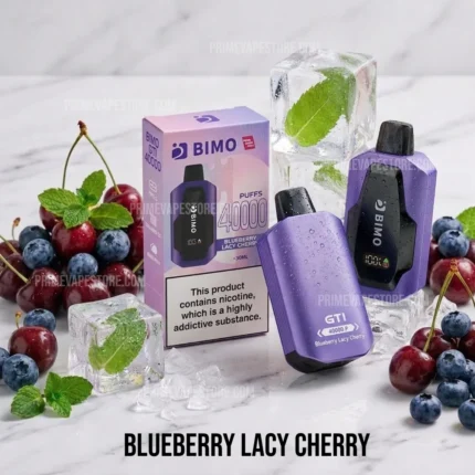 Purple Bimo vape device and box labeled 'Blueberry Lacy Cherry' with ice cubes and berries for flavor highlight (Blueberry + Cherry).