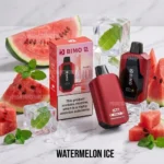 Vape Kit and Packaging Labeled Bimo Watermelon Ice Flavor with Watermelon Slices and Ice Cubes in the Background - Australia E-cigarette Store