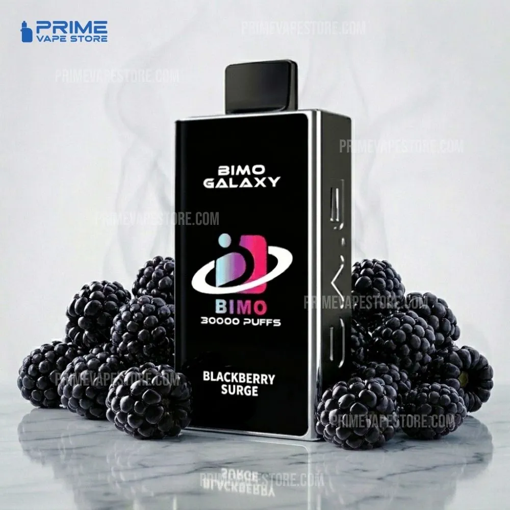 Bimo-galaxy-30000-puffs-blackberry-surgewebp - Australia E-cigarette Store Vape Device Labeled bimo Galaxy with blackberry Surge and Surrounded by Blackberries on a Marble Surface Generic Store Watermark in Background - Australia E-cigarette Store