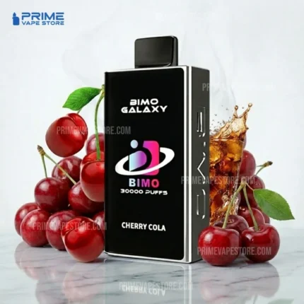 Black Vape Device with bimo Galaxy and cherry Cola Text Surrounded by Cherries and a Cola Splash prime Vape Store Branding - Australia E-cigarette Store