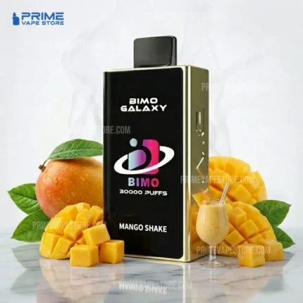 Bimo Galaxy Mango Shake Vape Box Surrounded by Mango Chunks and a Mango Shake Glass Prime Vape Store - Australia E-cigarette Store