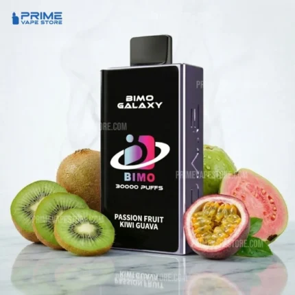 Vape Box Labeled bimo Galaxy with 30000 Puffs and Fruit Visuals kiwi Passion Fruit Guava Beside It Prime Vape Store Branding in the Corner - Australia E-cigarette Store