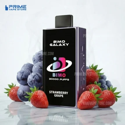Black Bimo Galaxy Vape Device with Strawberry Grape Flavor Surrounded by Strawberries and Blueberries Prime Vape Store Logo in the Top-left Corner - Australia E-cigarette Store