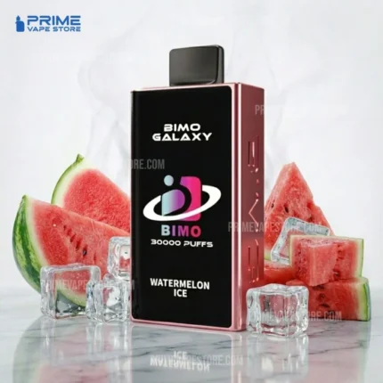Pink Bimo Galaxy vape box standing upright with watermelon ice flavor, surrounded by watermelon slices and ice cubes, logoed by Prime Vape Store in the corner