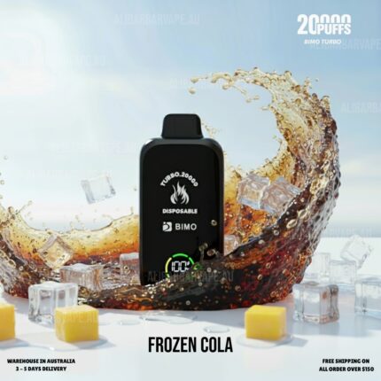 Black Disposable Vape Device Center Stage Turbo 2000 Branding Green Ring Indicator with a Cola Splash and Ice Cubes Behind It Captioned frozen Cola Below - Australia E-cigarette Store