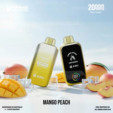 Two Disposable Vape Devices Labeled Mango Peach from Bimo Lean on a White Surface Beside Sliced Mangoes and Peaches Against a Sunny Backdrop the Flavor Name Mango Peach is Shown at the Bottom - Australia E-cigarette Store