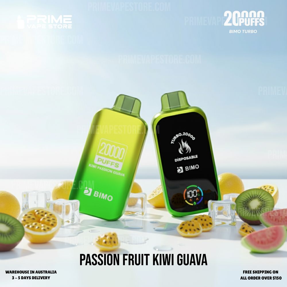 Two Green Disposable Vape Devices Advertising Passion Fruit Kiwi Guava Flavor Amid Sliced Kiwis and Passion Fruit on Ice and Bright Backdrop - Australia E-cigarette Store