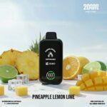 Black Disposable Vape Device Centered on a White Surface Surrounded by Pineapple Lime Orange and Mango Cubes Flavor Pineapple Lemon Lime advertisement - Australia E-cigarette Store