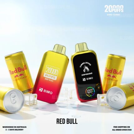 Advertisement featuring Red Bull cans and two yellow-to-red disposable vape pens labeled '20000 Puffs' on a bright beach backdrop.