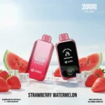 Two Pink Disposable Vape Devices Labeled Strawberry Watermelon on a White Surface with Berries and Ice Cubes Nearby Bimo Branding Visible - Australia E-cigarette Store