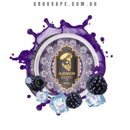 Circular Alibarbar Blackberry Ice e-liquid label with intricate gold frame, surrounded by purple splash, blackberries, and ice cubes; shows 'ALIBARBAR BLACKBERRY ICE 6MG'