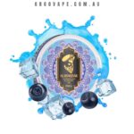 Alibarbar Blueberry Ice E-liquid Can 6 Mg with a Blue Decorative Label Surrounded by Ice Cubes and Blueberries Splashing - Australia E-cigarette Store