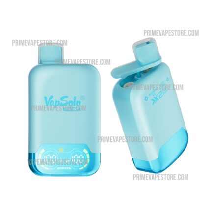 Blue Vapsolo Twins Pod System Shown from Front and Side with Mouthpiece Lid Open and Glowing Bottom Panel Pressed for Led Indicators compact Vape Device - Australia E-cigarette Store