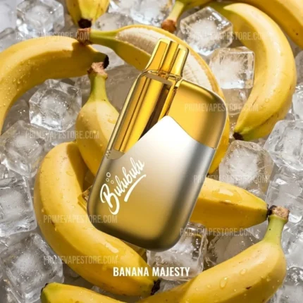 Gold-toned Bulbul Banana Majesty perfume bottle nestled among ice cubes and ripe bananas.