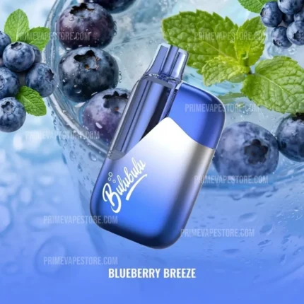 Blue Bulbul vape device tilted amid blueberries and mint in a splash, text reads 'Blueberry Breeze' indicating flavor.