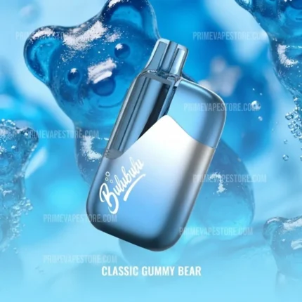 Blue Bulbul vape device floating with 'Classic Gummy Bear' flavor text in a blue icy background
