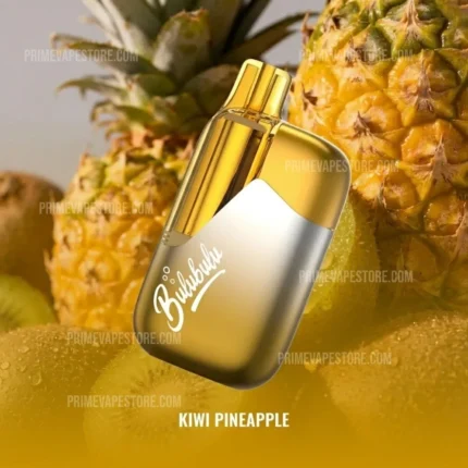 Gold, metallic vape device in front of pineapple background, flavor labeled Kiwi Pineapple (advertising image).