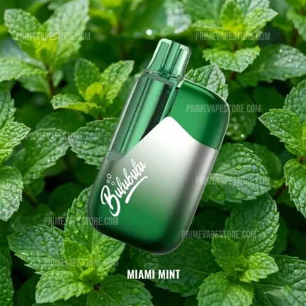 Bulbul Miami Mint perfume bottle in green and white, resting among fresh mint leaves.