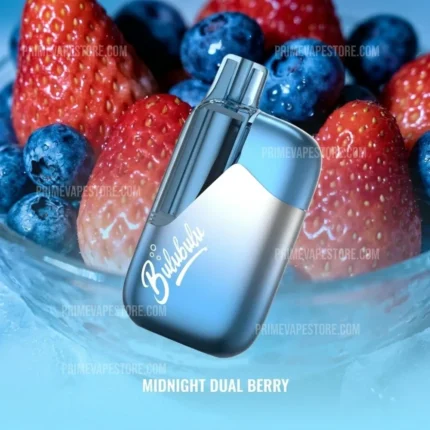 Bluegray Vape Device Floating Above a Bowl of Strawberries and Blueberries with the Text midnight Dual Berry - Australia E-cigarette Store