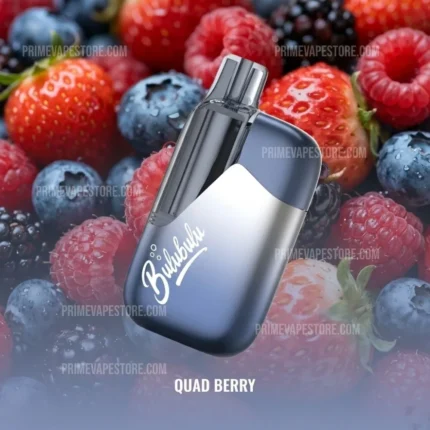 Sleek Vape Device Tilted over a Background of Strawberries Raspberries and Blueberries with the Quad Berry Label at the Bottom - Australia E-cigarette Store