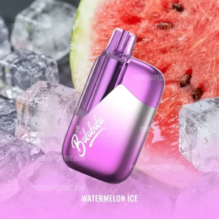 Purple Vape Bottle with the Word bubble on It Surrounded by Ice Cubes and a Watermelon Slice Flavor watermelon Ice - Australia E-cigarette Store