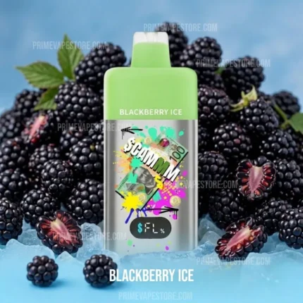 Vape bottle with green cap labeled Blackberry Ice, surrounded by blackberries on a blue background.