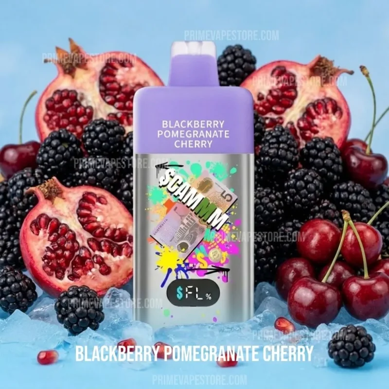 Bottle of blackberry Pomegranate Cherry Vape Juice Surrounded by Blackberries Pomegranate Halves and Red Cherries on Ice - Australia E-cigarette Store