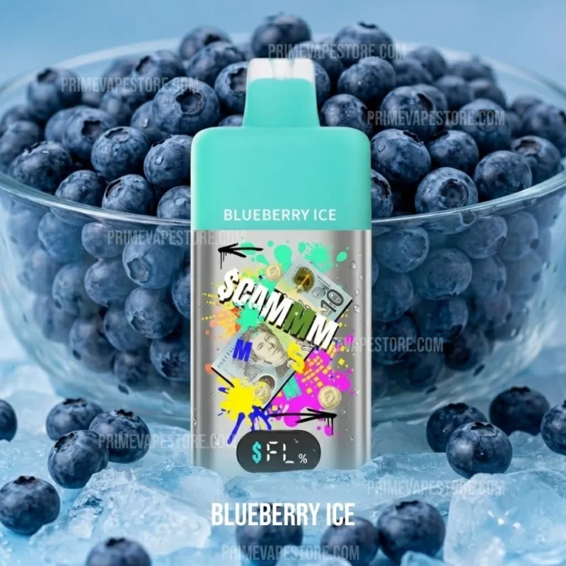 Vape Juice Bottle Labeled Blueberry Ice with Colorful Graffiti Artwork Placed in Front of a Bowl of Blueberries - Australia E-cigarette Store