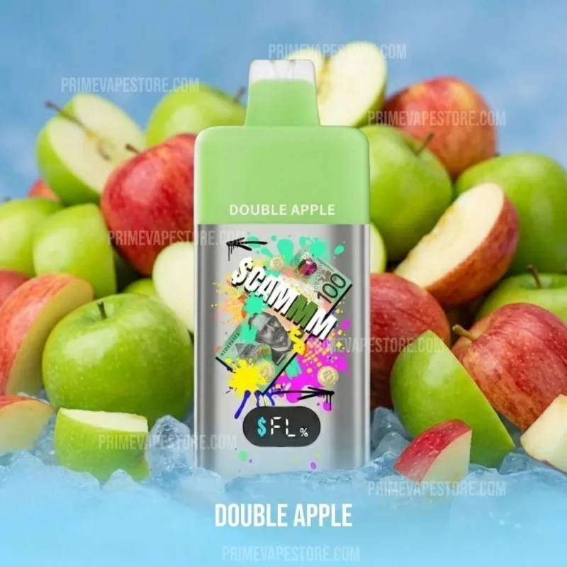 Bottle of Vape Juice Labeled double Apple with Colorful Graffiti Artwork Surrounded by Apples on Ice - Australia E-cigarette Store