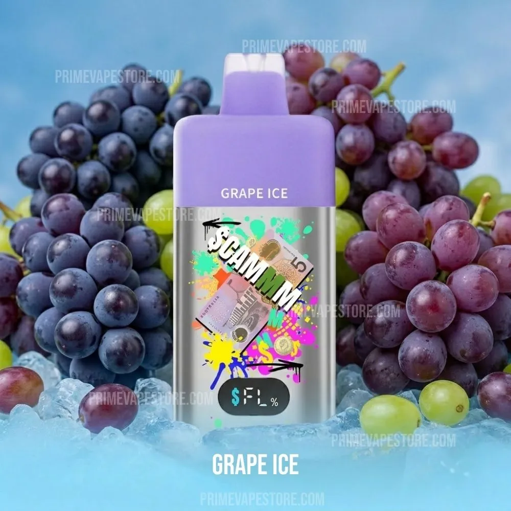Cammm-a-15k-puffs-grape-icewebp - Australia E-cigarette Store Grape Ice Flavored Vape Juice Bottle on Ice with a Purple Cap Surrounded by Grape Clusters and a Blue Background - Australia E-cigarette Store
