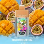 Bottle of Mango Passion Fruit Soda Surrounded by Mango Chunks and Halved Passion Fruits on a Frosty Blue Background - Australia E-cigarette Store