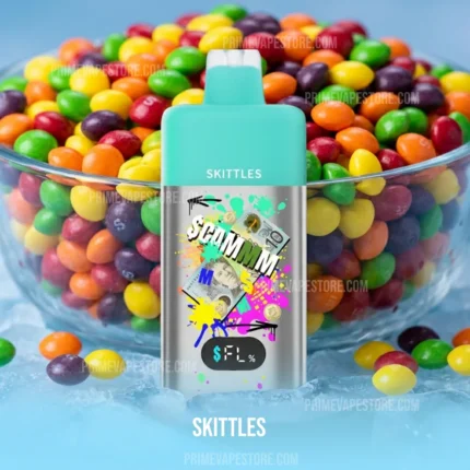 Teal vape bottle labeled SKITTLES in front of a bowl of colorful Skittles with graffiti splash design and powder blue background.