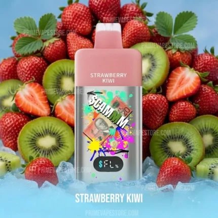Vape bottle labeled 'Strawberry Kiwi' with colorful graffiti art, set among strawberries, kiwis, and ice.