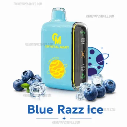Blue Disposable Vape Device Labeled Crystal Mary Blue Razz Ice Surrounded by Blueberries Ice Cubes and Space-themed Graphics - Australia E-cigarette Store