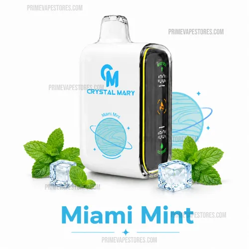 Crystal-mary-pulse-20000-puffs-miami-mintwebp - Australia E-cigarette Store Miami Mint Vape Device with White Body and Blue Crystal Mary Logo Surrounded by Mint Leaves and Ice Cubes - Australia E-cigarette Store