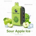 Green Crystal Mary Sour Apple Ice Vape Device with Apples and Ice Cubes Branding Visible on the Device Surface primevapestorescom - Australia E-cigarette Store