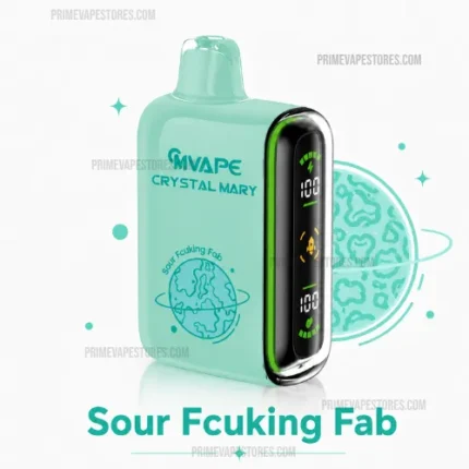 Mint-green vape device with a black side panel showing digital readouts and branding 'MVAPE Crystal Mary' and 'Sour Fucking Fab' on the body.