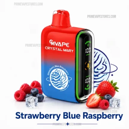 Disposable Vape Device with Red-to-blue Gradient Labeled Mvape Crystal Marystrawberry Blue Raspberry Surrounded by Berries and Ice - Australia E-cigarette Store