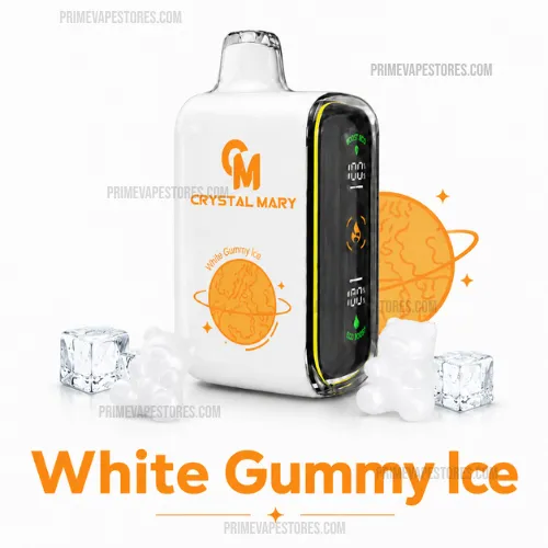 Crystal-mary-pulse-20000-puffs-white-gummy-icewebp - Australia E-cigarette Store White Gummy Ice Vape Device by Crystal Mary White with Orange Logo Surrounded by Ice Cubes - Australia E-cigarette Store