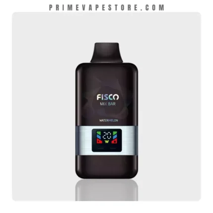 Fisco Mix Bar Watermelon Vape Device Standing Upright on a Light Gray Background with a Metallic Band and Digital Display - Australia E-cigarette Store