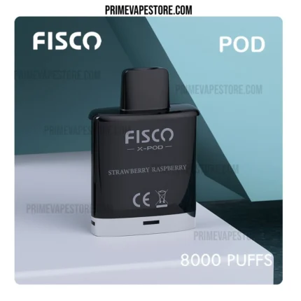FISCO X-Pod vape device with strawberry raspberry flavor, 8000 puffs, front view on white surface.