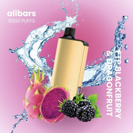 Gold Vape Device with Dragon Fruit and Blackberries on a Pink Background Water Splash Flavor Blackberry  Dragonfruit alibars 9000 Puffs - Australia E-cigarette Store