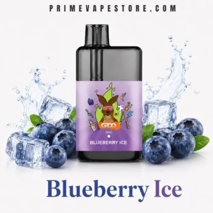 Black dropper bottle labeled Blueberry Ice surrounded by blueberries and ice cubes, with 'Prime Vape Store' text above and 'Blueberry Ice' title below.