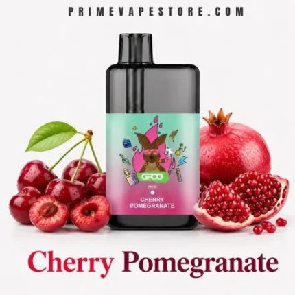 Product photo of a Cherry Pomegranate vape bottle centered between cherries and a pomegranate, with the label reading 'Cherry Pomegranate' at the bottom edge.