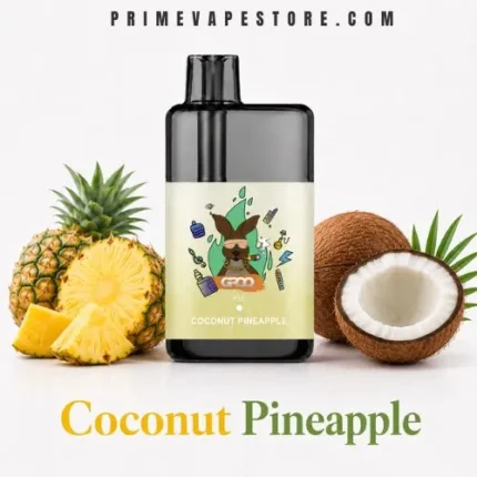 Coconut Pineapple e-liquid bottle centered with pineapple and coconut halves beside it, brand label visible.