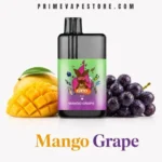 Bottle of Mango Grape E-liquid Flanked by Sliced Mango and Grapes with Brand Text Above and mango Grape Label Below - Australia E-cigarette Store