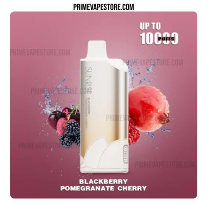 Vape juice bottle with blackberry, pomegranate, and cherry flavors on a pink background (up to 10,000 puffs).