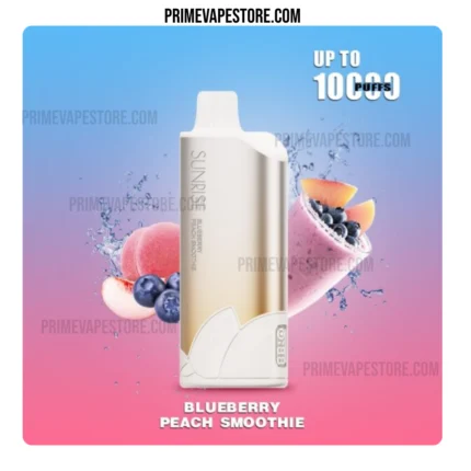 Vape pod labeled 'Blueberry Peach Smoothie' with blueberries and peach slices against a blue‑pink gradient background, plus 'Up to 1000 puffs' text.