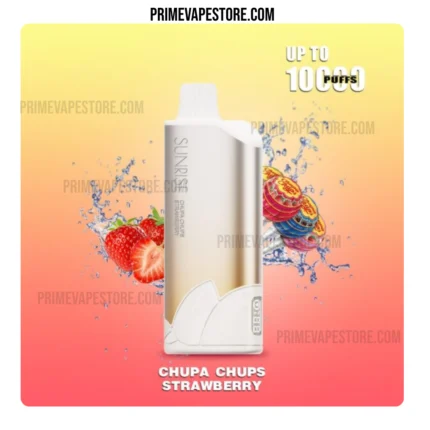 Chupa Chups Strawberry vape juice bottle with strawberry and candy graphics on a yellow-to-pink gradient; up to 100 puffs label.